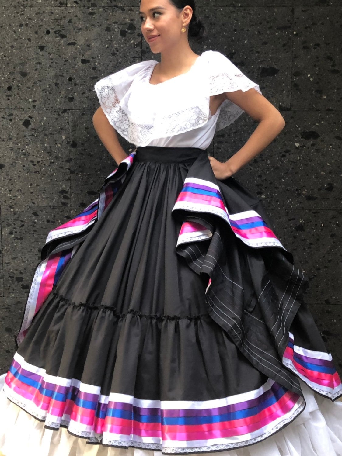 Black Mexican Ribbon Dance Skirt 5 De Mayo Party