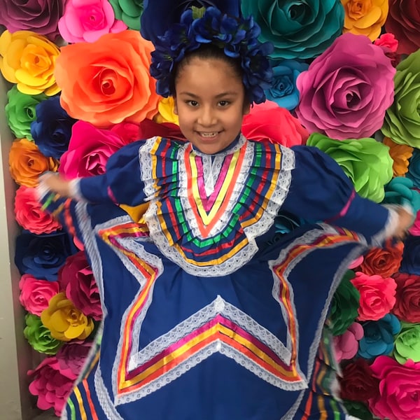 Vestido mexicano Jalisco Talla 2 Azul impresionante NIÑOS Hermoso- bebé mexicano boho hippie baby flor niño Color Azul