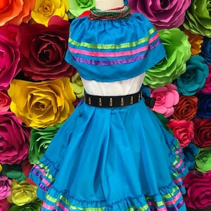 Mexican two piece dress Handmade- KIDS SIZE 2-4  Beautiful coco theme style- Mexican hobo 5 de Mayo Jalisco kids dress Blue 40CM