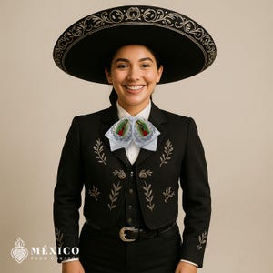 Weißer mexikanischer Charro Moño mit Virgen de Guadalupe-Stickerei | Mariachi Fliege für Fiestas oder Kulturelle Veranstaltungen | México Todo Corazón