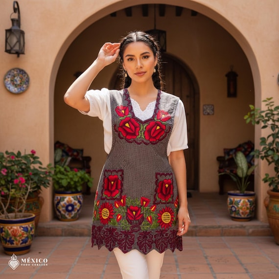 メキシコ刺繍エプロン – ベージュの花柄のコットンエプロン |メキシコ