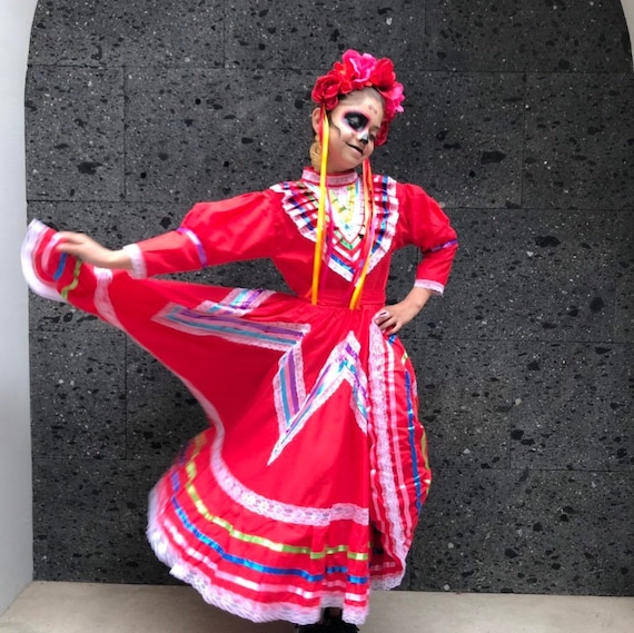 Mexican Jalisco Dress Size 12 Red Stunning KIDS Beautiful Style baby Mexican Boho Hippie Baby Flower Child Color Etsy