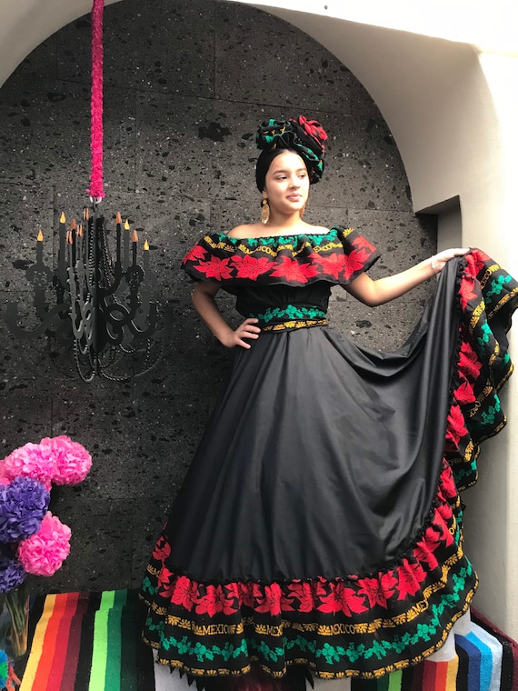 Vestido Negro Mexicano Frida Kahlo estilo-mujer cambaya boho - Etsy España