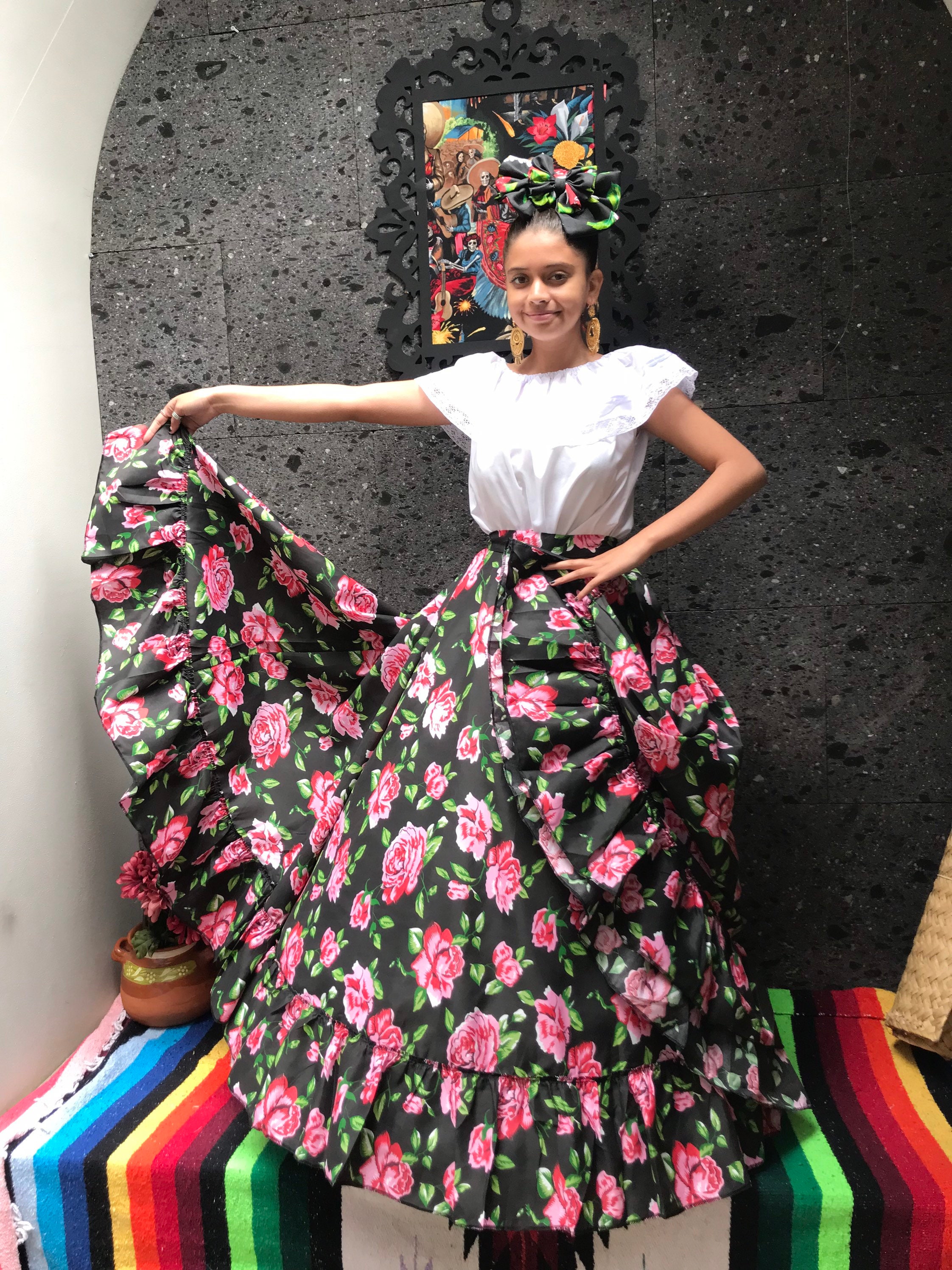 Mexican Flowered SKIRT Black Size 12 Child One Circle Practice