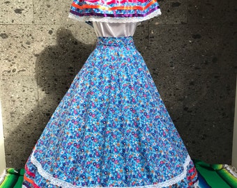 Mexican dress with top Handmade skirt Frida Kahlo style-womans mexican boho coco theme party  day of the dead  costume 100cm