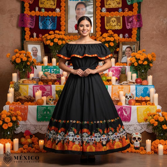 black mexican dress with flowers Flores Oaxaca Embroidered Dress main image 1
