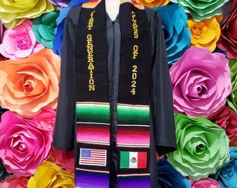 Graduation class of 2024 Sarape Zarape School logo embroidery personalized custom graduation sash First Generation Mexican and USA Flags