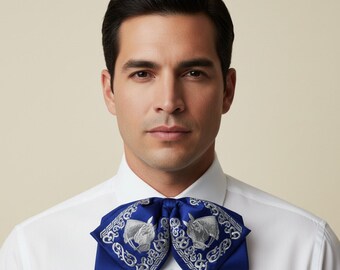 Charro moño brodé bleu mexicain - Nœud papillon mariachi en satin traditionnel