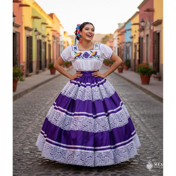 Mexican Folkloric Skirt: Purple & White Lace, Pinotepa Nacional