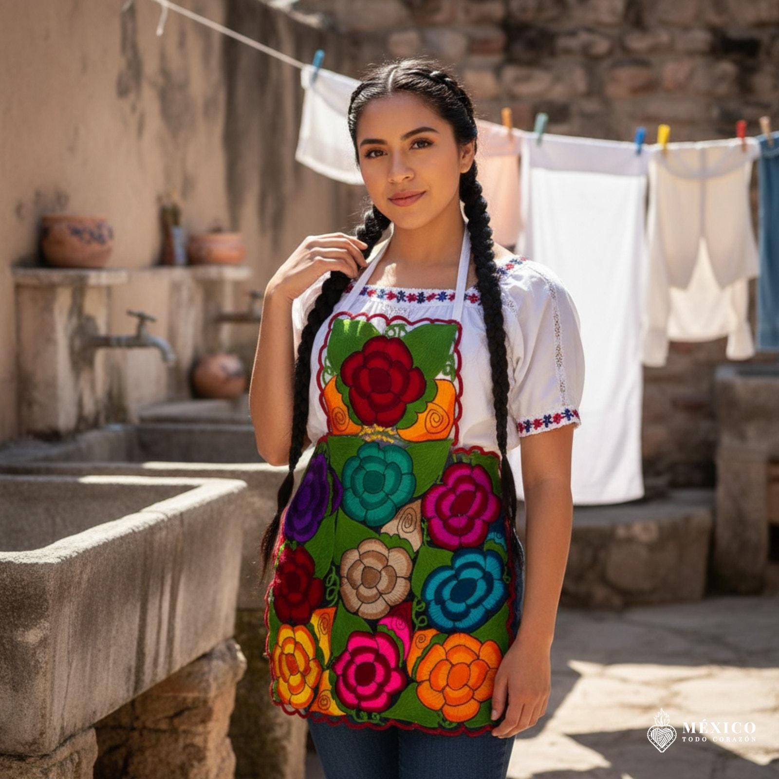 Mexican Embroidered Bib Apron for Women – Multicolor With Floral