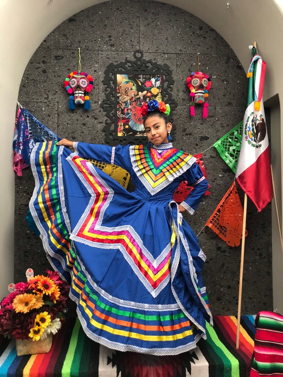 Mexican Dress Size 10 KIDS Blue Jalisco Dress Folkloric Style