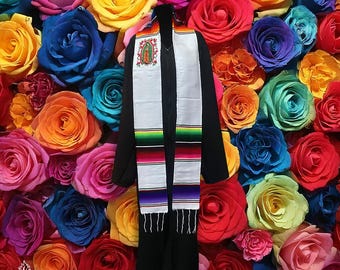 Mexican Graduation Sarape Stole with Virgin of Guadalupe Floral Embroidery and Gold Custom Text Personalized Sash Gift | Mexico Todo Corazon