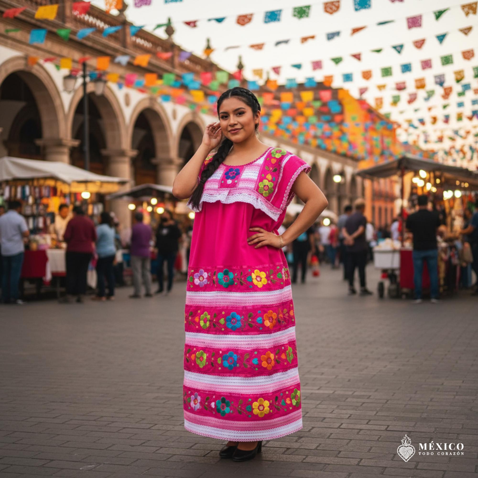 ハンドメイドのメキシコ刺繍ドレス：ピンクの花柄ワンサイズチュニック