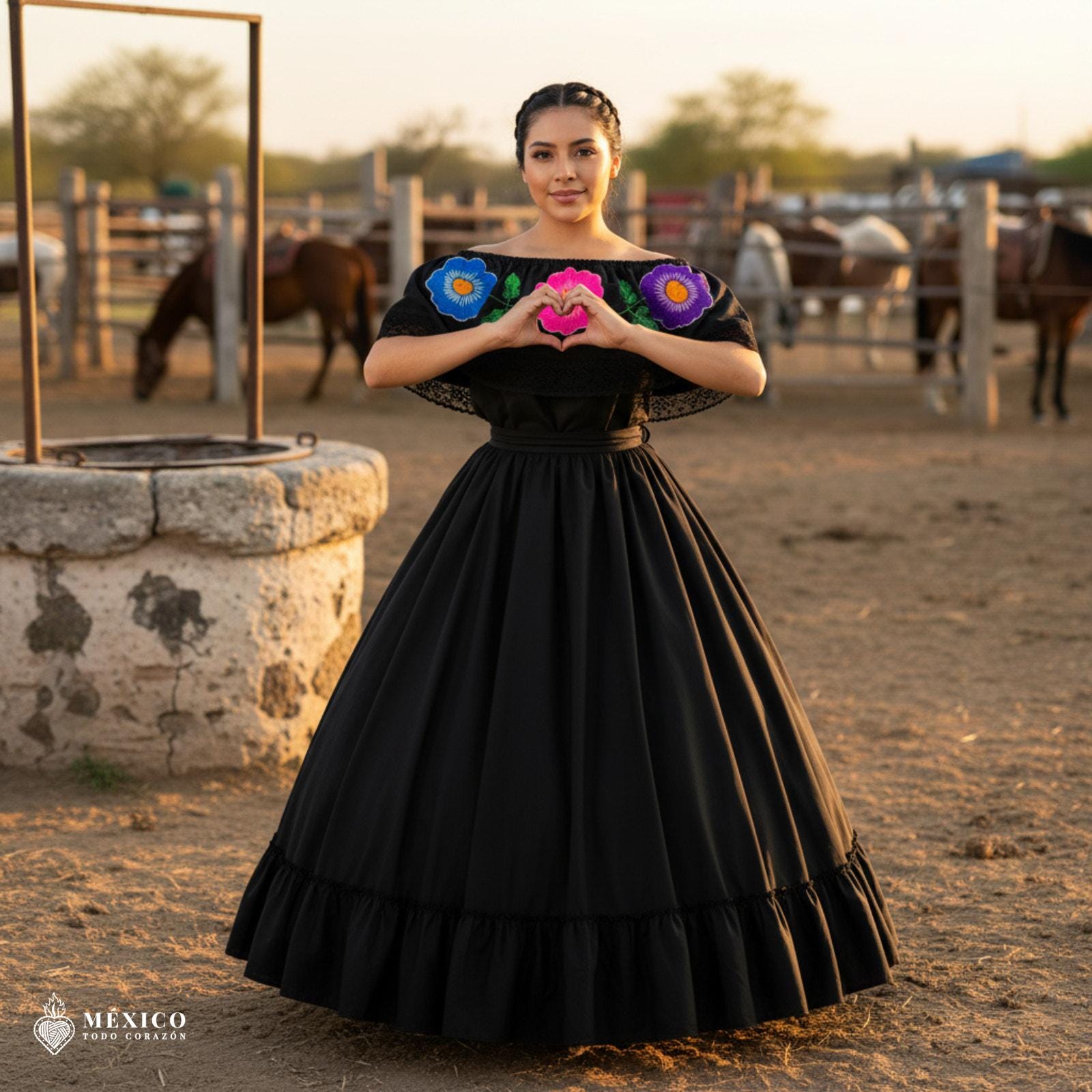 mexican flare dress Traditional Mexican Embroidered Floral Dress Set
