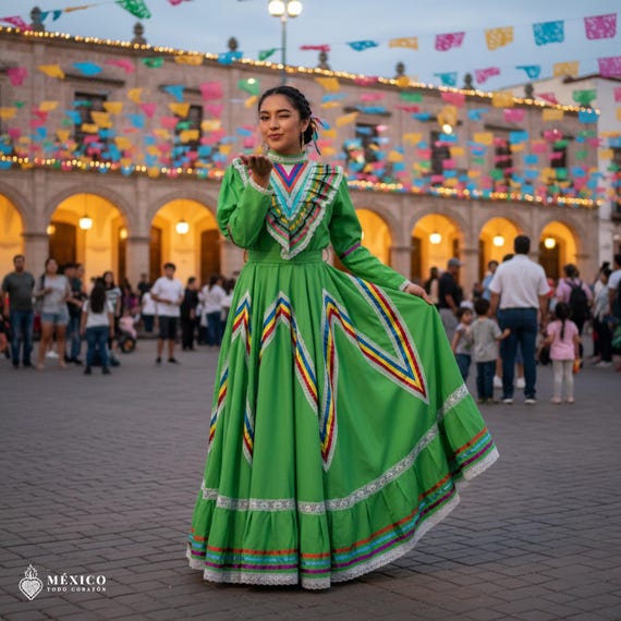 Light Green Traditional Jalisco One-Piece Dress - Mexican Folklore Wear (Size 16)