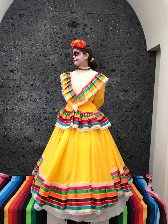 Jalisco Mexicano de dos piezas Vestido amarillo mujer talla S cinta de doble circulo 5 de Mayo dia de la fiesta tematica del coco muerto Etsy Mexico