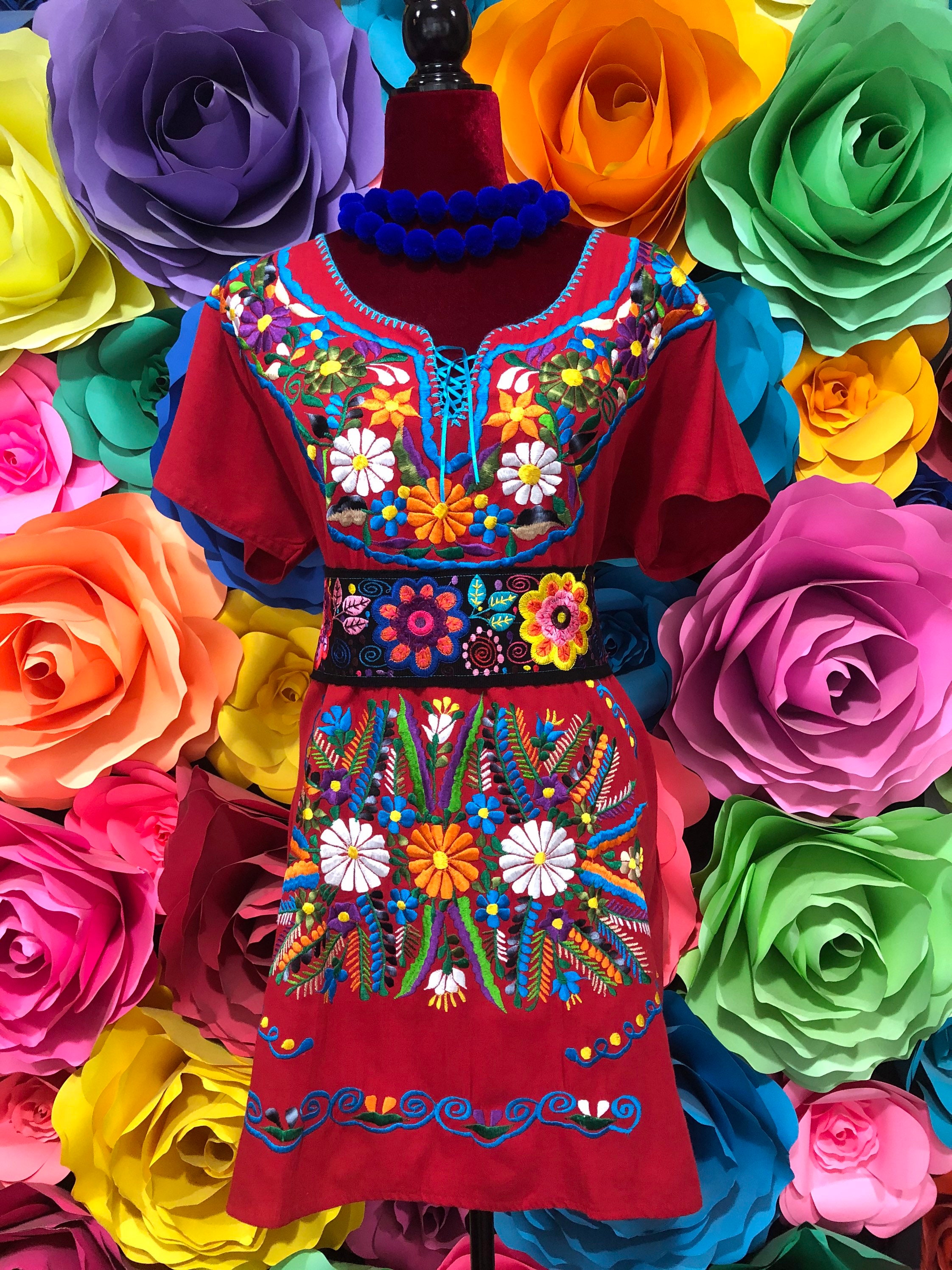 red embroidered mexican dress Chiapaneco Ruedo Sencillo Floral Embroidered Mexican Dress- Vestido  Mexicano Bordado