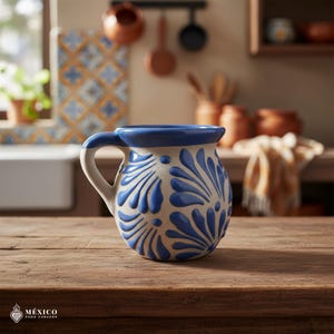 Op de afbeelding: Een handgemaakte keramische mok met een blauwe rand en handvat. De gebroken witte body is versierd met een herhalend blauw bloemmotief. De mok staat op een houten oppervlak, wat wijst op een keukenomgeving.