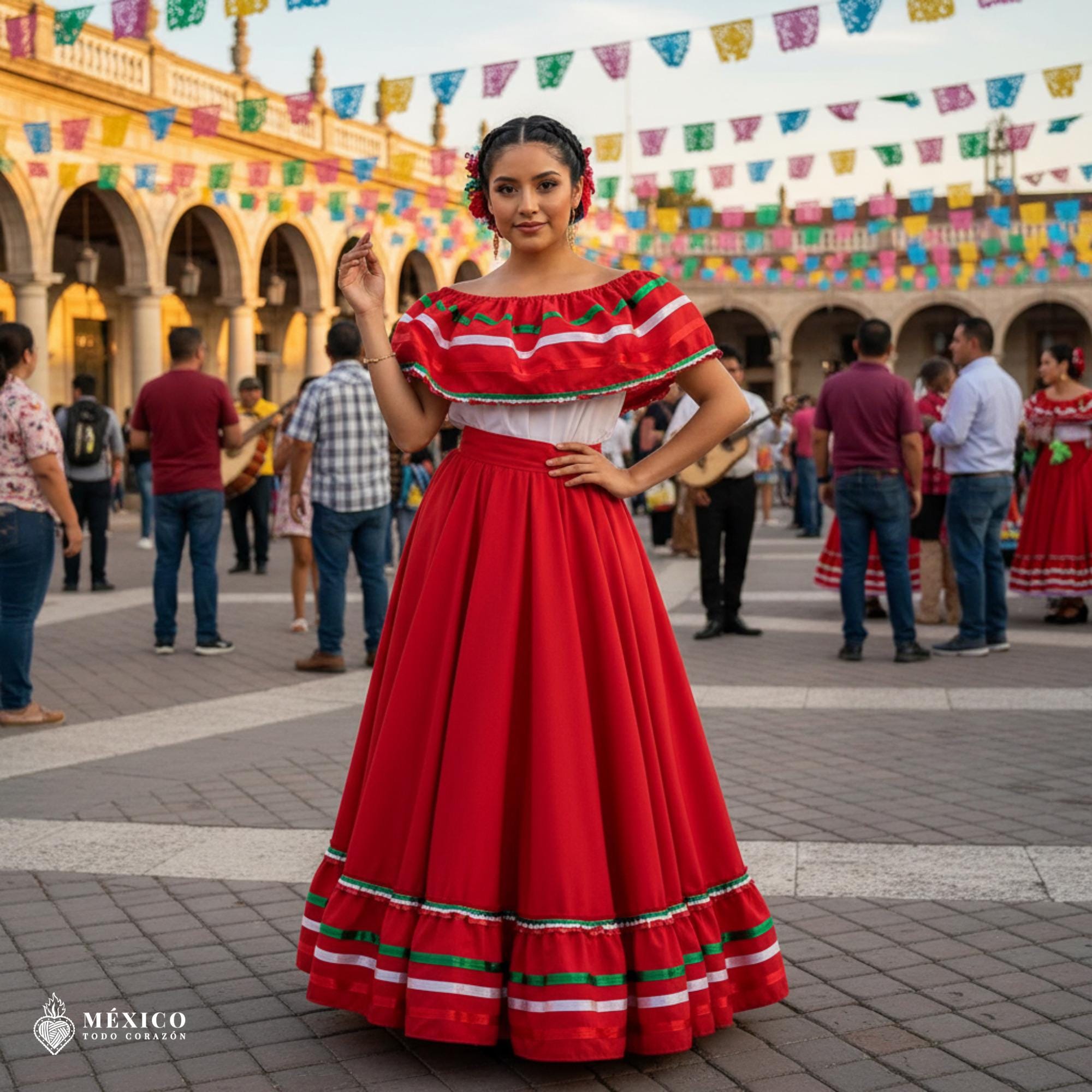 Red Handmade Mexican Dress Set - Tricolor Ribbon Skirt & Blouse Traditional