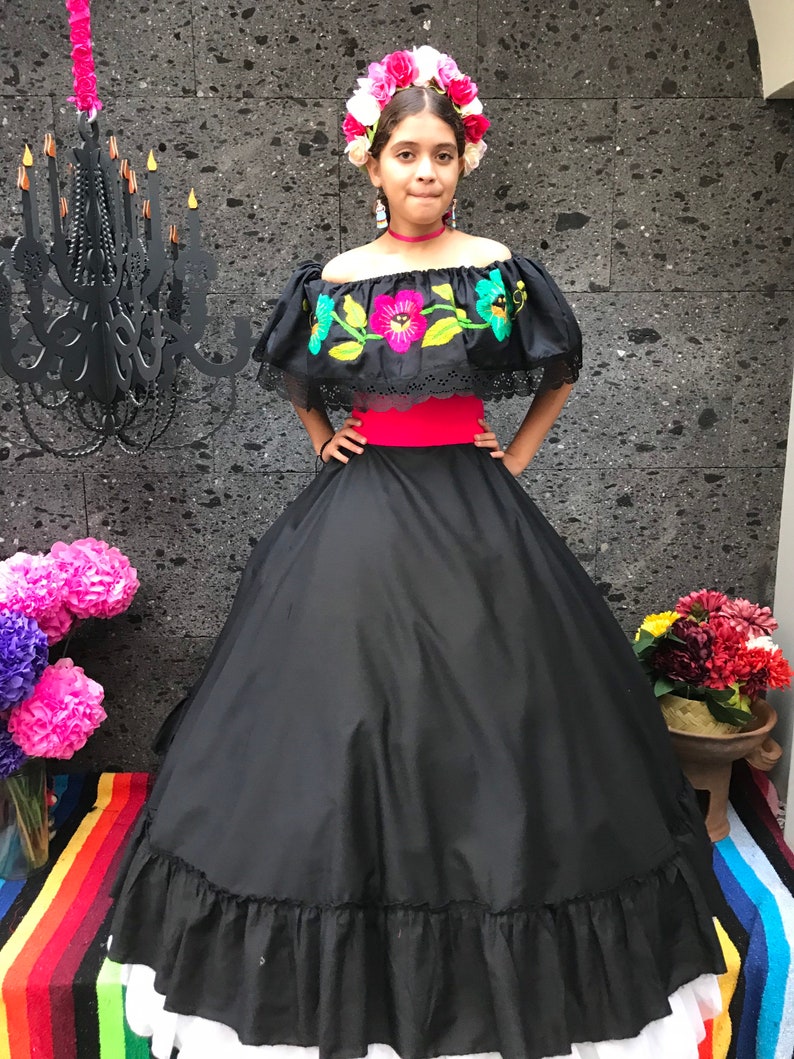 Frida Kahlo style Beautiful Mexican Black dress with top  Handmade womans  mexican boho coco theme party  day of the dead costume 100CM