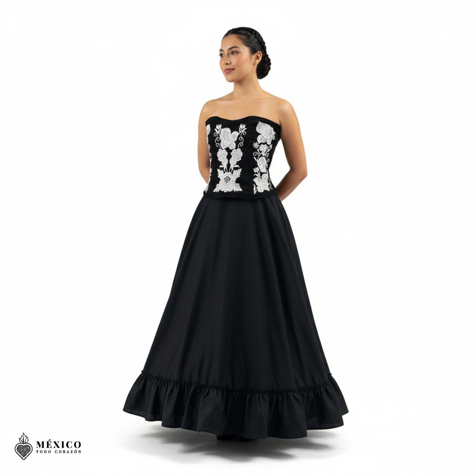 Traditional Mexican Embroidered Corset & Black Skirt Set – Handmade Floral Dress