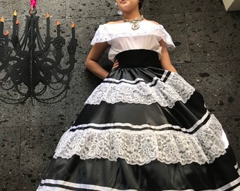 Mexican China Oaxaca Black Frida Kahlo style-womans mexican boho coco theme party  day of the dead SKIRT ONLY Guelagueza costume 96.5cm