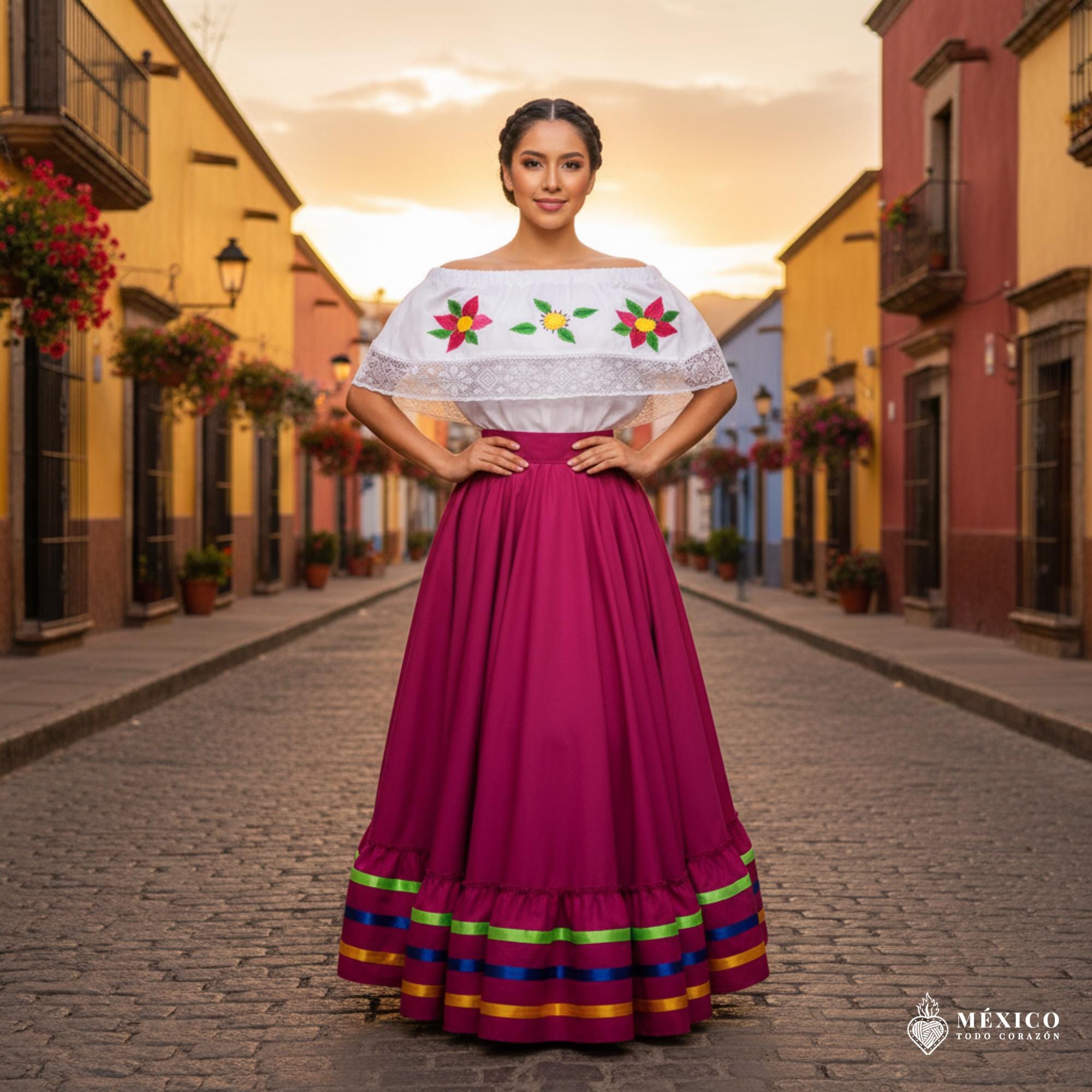 hot pink mexican dress Handmade Set: Skirt & Embroidered Top Formal Wedding Guest Dresses-3D