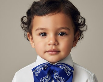 Charro moño brodé enfant mexicain bleu - Nœud mariachi bébé traditionnel en satin