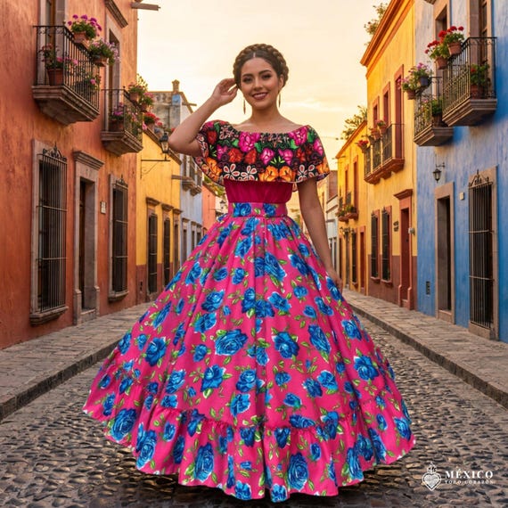 Camelia Dress Traditional Embroidered Mexican Dress Mexican Embroidered Full Length Skirt Embroidered Mexican Wedding Corset And