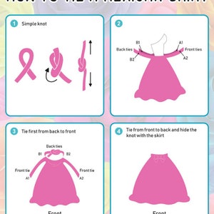 May include: An instructional graphic titled HOW TO TIE A MEXICAN SKIRT with four panels showing steps to tie a pink skirt. Panels illustrate a simple knot, identifying front and back ties labeled A1, A2, B1, B2, and the final tied skirt appearance.