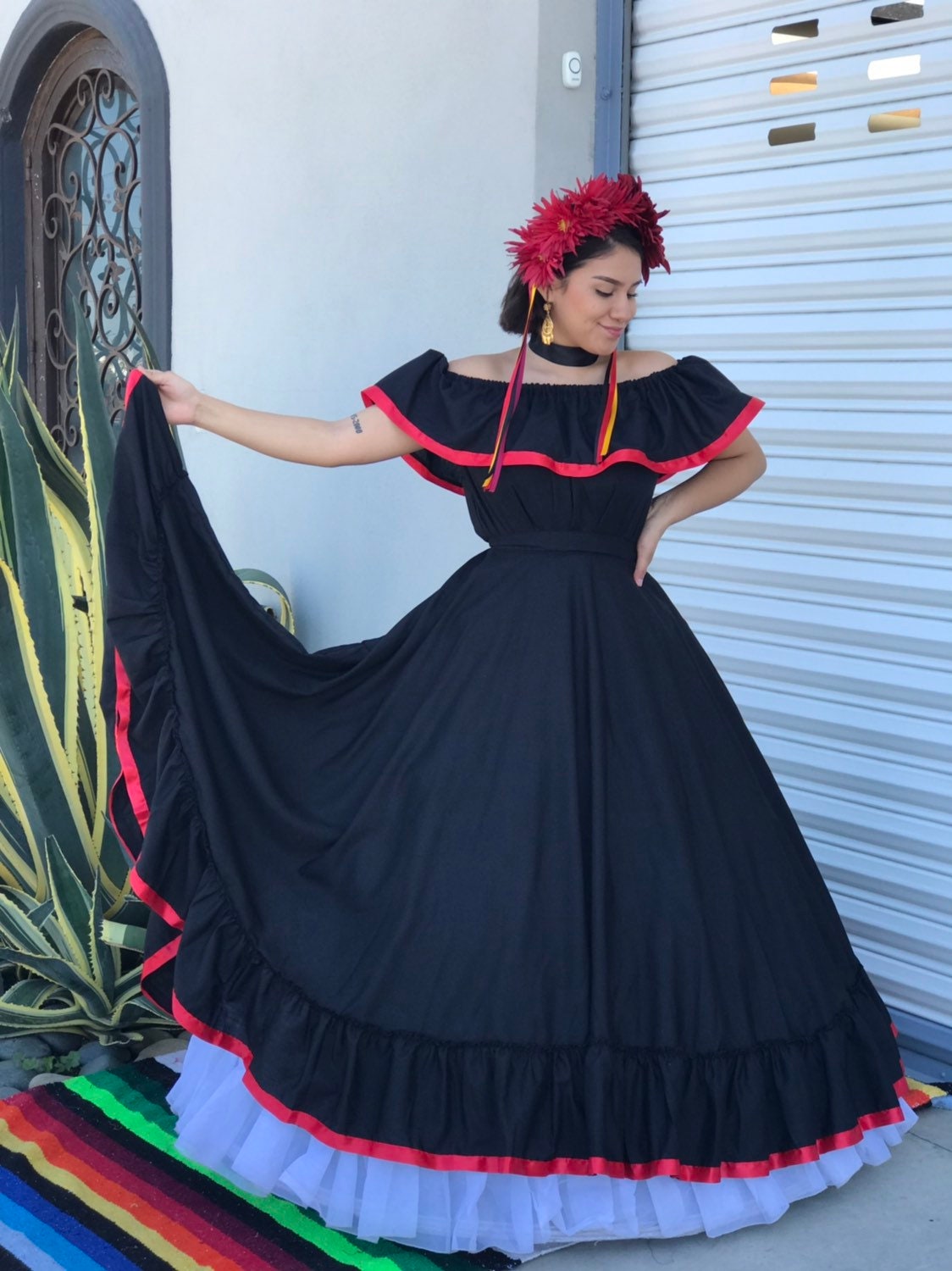chinese dress ladies Mexican Tehuacan Dress with Lace Black main image 1