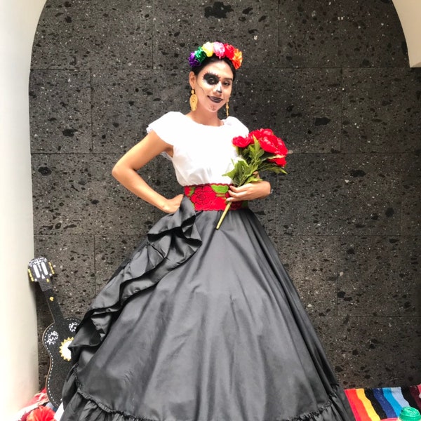 Vestido de mujer mexicana FALDA SOLO BLack día de muerto fiesta mexicana fiesta temática coco fiesta noche de muertos talla única para todos disfraz de adelita 100