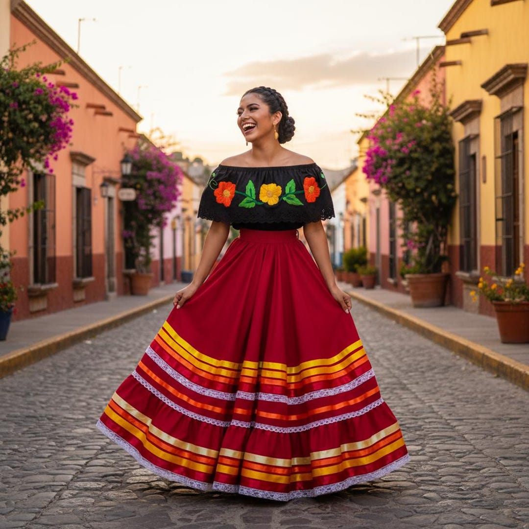 メキシコの民族衣装のスカート（オフレッド、ダブルスカート、ハリスコ