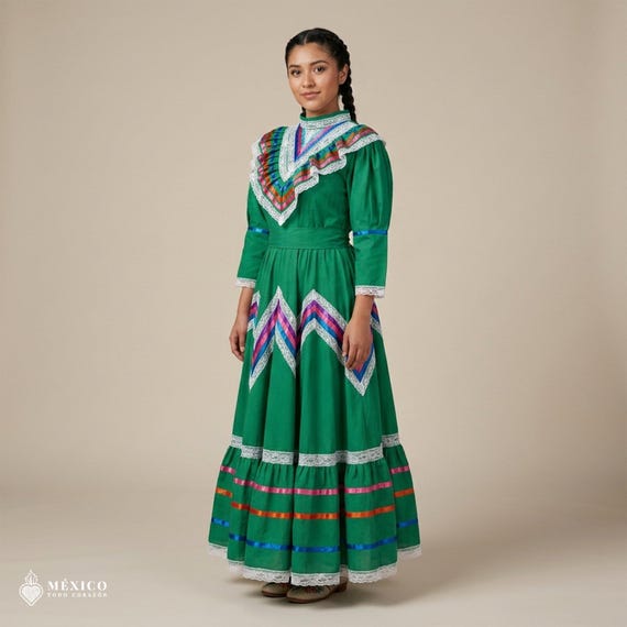Green Mexican Jalisco Dress: Handcrafted Kids' Fiesta Outfit, Size 12 - Etsy