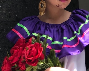 Mexican womans and teen two piece Jalisco dress Beautiful-Frida Kahlo style- womans 5 de mayo boho  theme party day of the dead PURPLE 80 cm