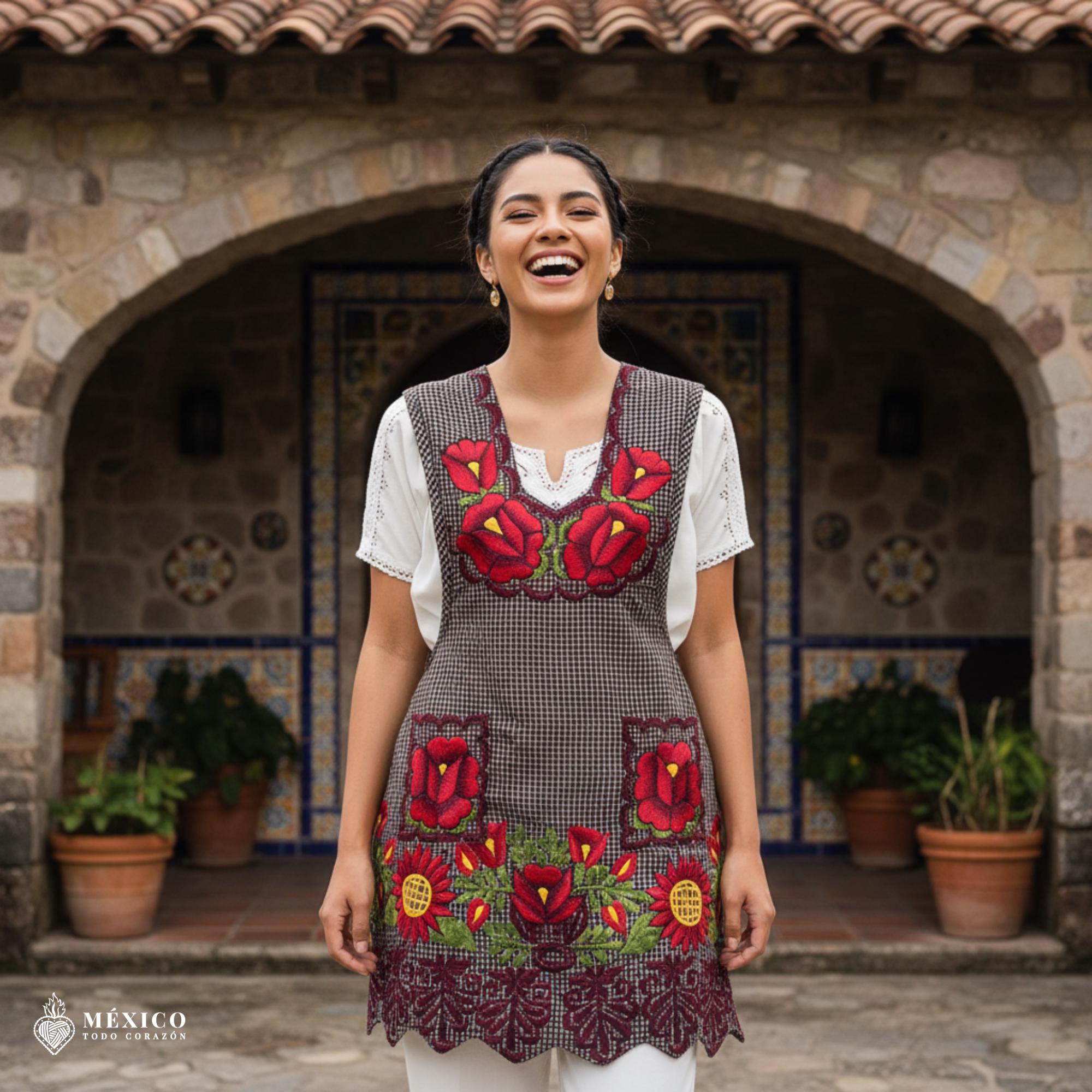 メキシコ刺繍エプロン – ベージュの花柄のコットンエプロン |メキシコ
