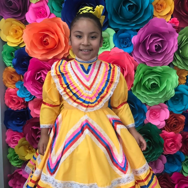 Mexican Jalisco dress Size 6  Yellow stunning KIDS- Beautiful- baby mexican boho hippie baby flower child Color