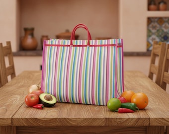 Traditional Mexican Mercado Tote Bag – Colorful Reusable Plastic Market Bag