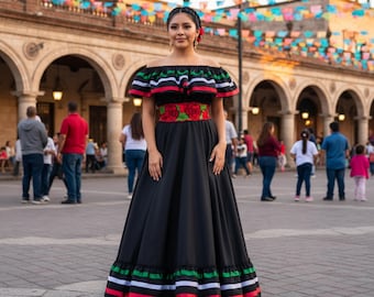 伝統的なメキシコ刺繍の花柄ドレスセット - ハンドメイドツーピース