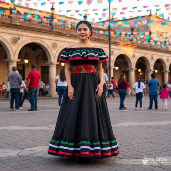 party city mexican dress Handmade Mexican Dress: Black Boho Coco Theme Party Skirt Set
