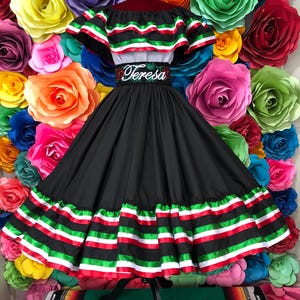 Mexican folkloric Skirt and Blouse  black pink ribbons. Mexico Todo Corazón ballet folclórico double vuelo size 2t to xlarge custom orders