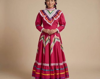 Pink Mexican Jalisco Dress: Handcrafted Kids' Fiesta Outfit, Size 12