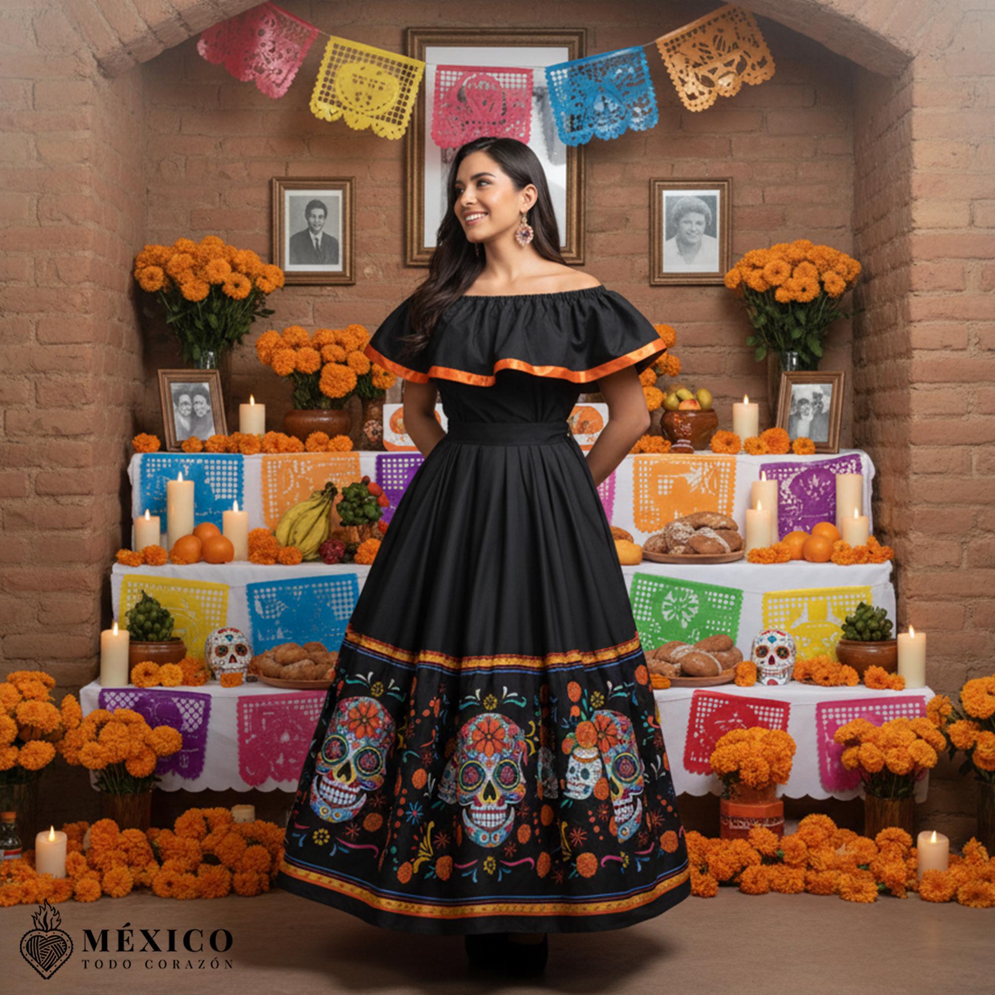 La Catrina Mexican Skirt & Blouse Set – Black Día De Los Muertos Outfit With Orange Ribbon | Traditional Mexican Dress - Etsy