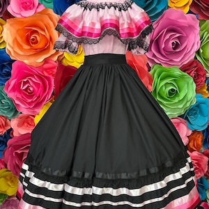 Mexican folkloric Skirt and Blouse  black pink ribbons. Mexico Todo Corazón ballet folclórico double vuelo size 2t to xlarge custom orders