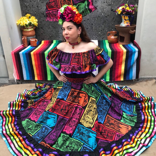 Vestido mexicano con top falda hecha a mano -mujeres mexicanas boho coco fiesta temática día del traje muerto 5 de mayo estampado