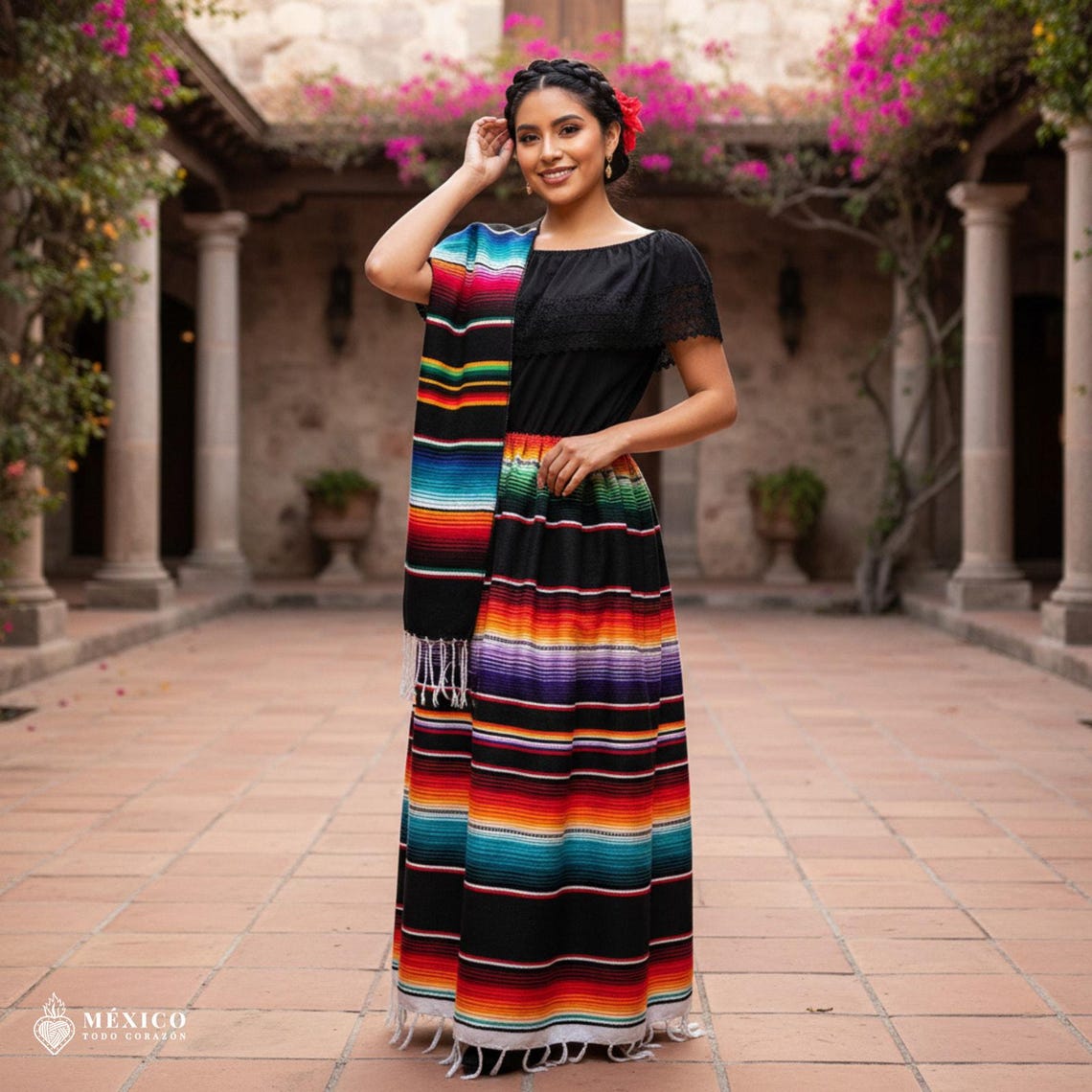 Traditional Mexican Sarape Dress Set, 3 Piece Outfit With Blouse, Skirt