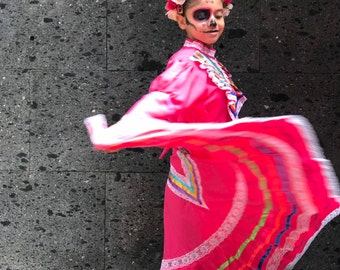 Mexican Jalisco dress size 10 HOT PINK stunning KIDS-    Beautiful style-baby mexican boho hippie baby flower child Color
