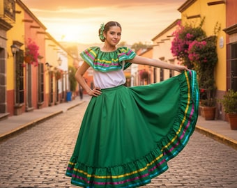 Green Mexican Jalisco Dress Set – Handmade Traditional Folkloric Outfit for Women