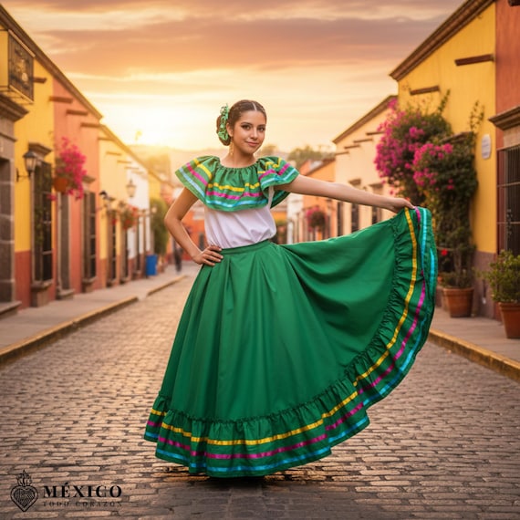 グリーンのメキシコハリスコドレスセット - 女性用ハンドメイドの伝統