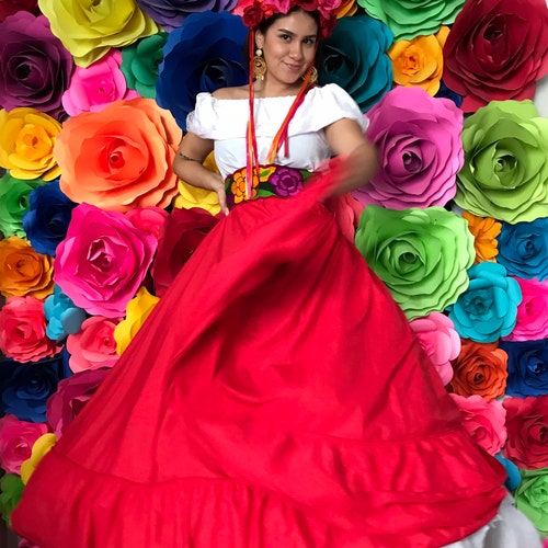 Jupe mexicaine Rouge Fait à la main Beau style-femmes mexicaine boho coco thème fête journée des morts JUPE SEULEMENT 90cm